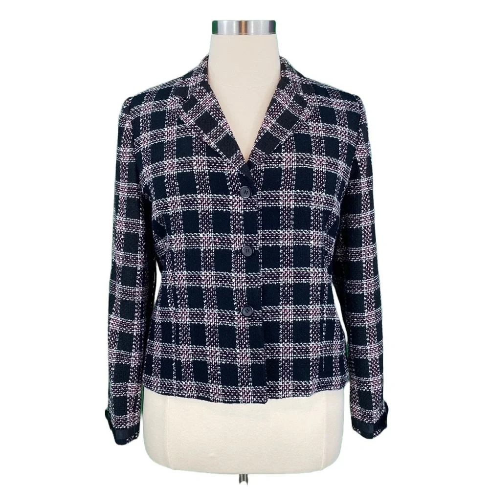 Requirements Petite Classic Black and Pink Plaid Tweed Jacket - Picture 1 of 14